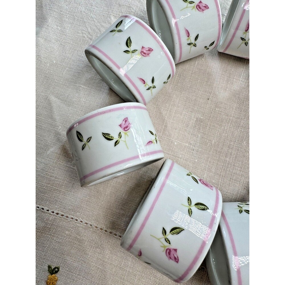 9 Porcelain Rose Napkin Rings Green / Pink, Andre Richard, Grandma Cottage Core - Picture 9 of 16